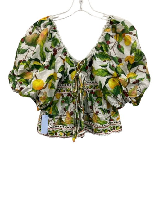 Farm Rio Size Small Yellow, Green, Red Cotton Half Puff Sleeve Fruit Lace Top Yellow, Green, Red / Small
