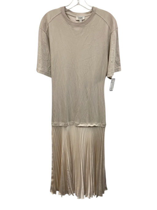 COS Size XS Taupe & Cream Cotton Short Sleeve Pleated Drop Waist Midi Dress Taupe & Cream / XS
