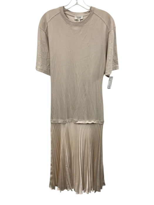 COS Size XS Taupe & Cream Cotton Short Sleeve Pleated Drop Waist Midi Dress Taupe & Cream / XS