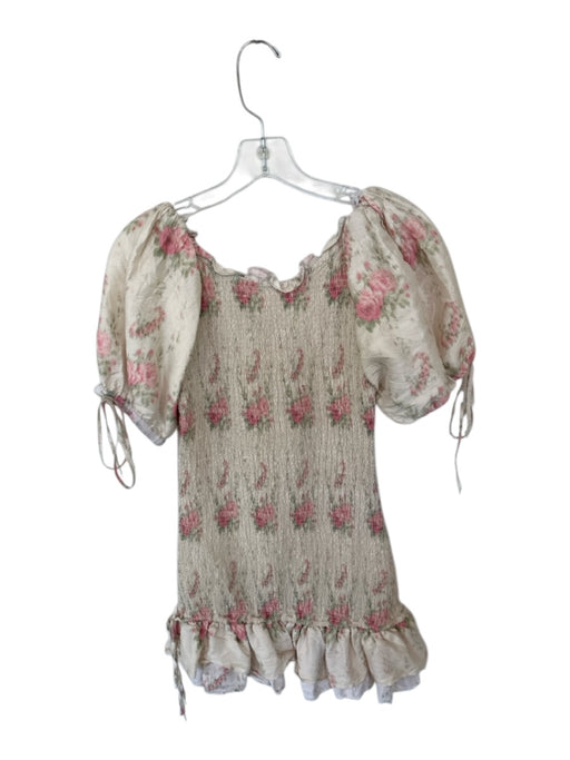 Loveshackfancy Size M Tan & Pink Raw Silk Short Balloon Sleeve Flowers Dress Tan & Pink / M