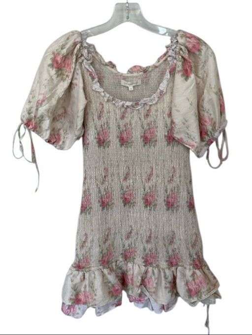 Loveshackfancy Size M Tan & Pink Raw Silk Short Balloon Sleeve Flowers Dress Tan & Pink / M