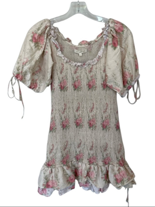 Loveshackfancy Size M Tan & Pink Raw Silk Short Balloon Sleeve Flowers Dress Tan & Pink / M