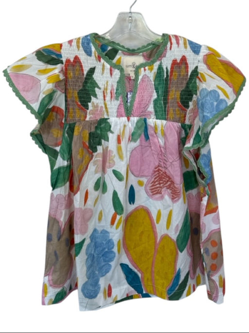 Umgee Size S Green & Multi Cotton Short Sleeve Flowers smocked neckline Top Green & Multi / S