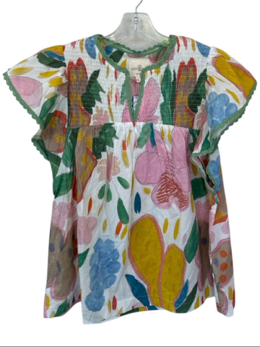 Umgee Size S Green & Multi Cotton Short Sleeve Flowers smocked neckline Top Green & Multi / S