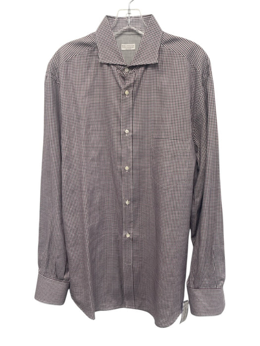 Brunello Cucinelli Size XXL Magenta & White Print Cotton Plaid Long Sleeve Shirt Magenta & White Print / XXL