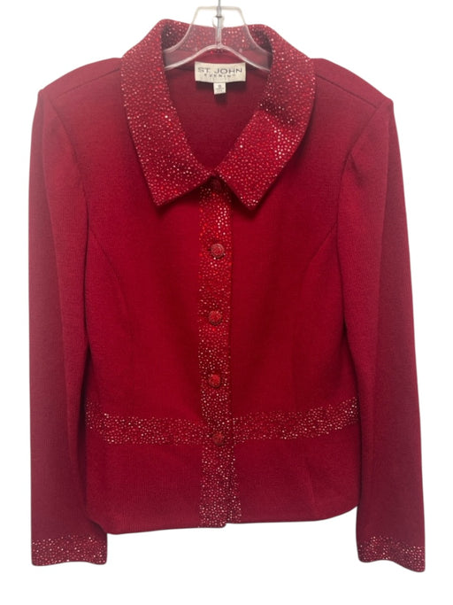 St. John Evening Size M / 10 Red Wool & Silk Rhinestone Jacket Wide Leg Pant Set Red / M / 10