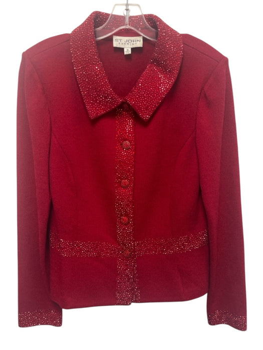 St. John Evening Size M / 10 Red Wool & Silk Rhinestone Jacket Wide Leg Pant Set Red / M / 10