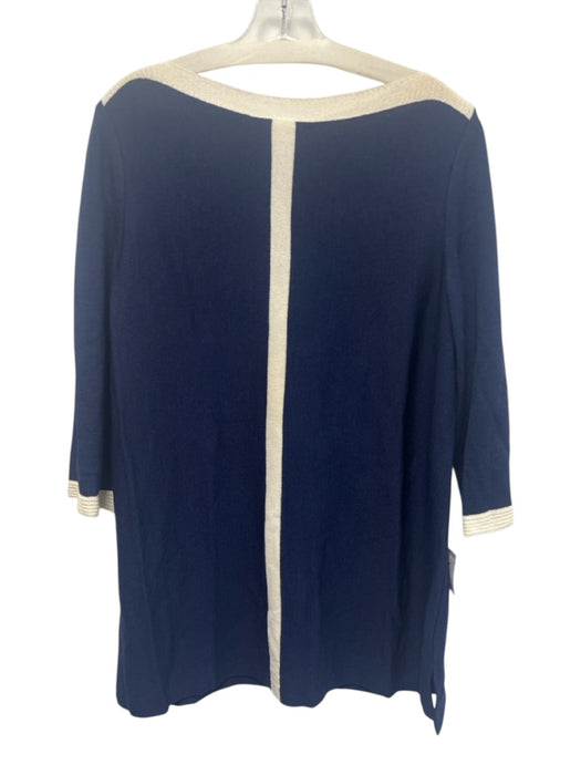 St John Sport Size L Navy Blue & White Wool & Rayon 3/4 Sleeve Contrast Trim Top Navy Blue & White / L
