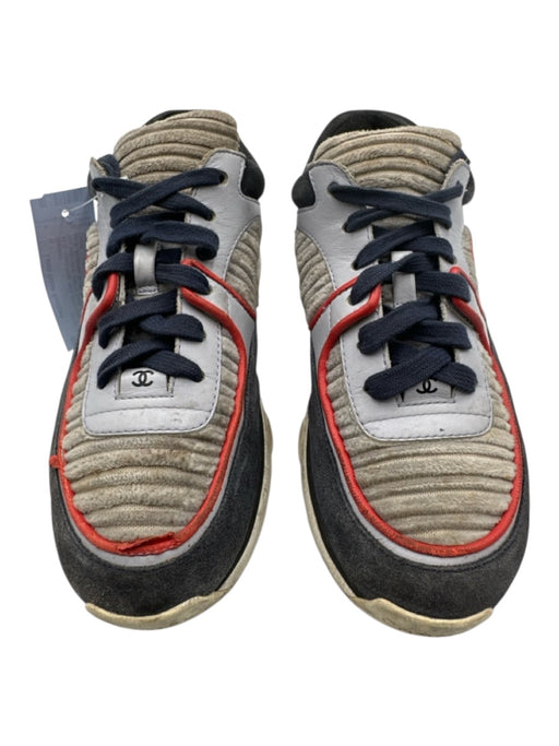 Chanel Shoe Size 36 Navy Blue, Gray & Red textile upper Leather Detail Sneakers Navy Blue, Gray & Red / 36