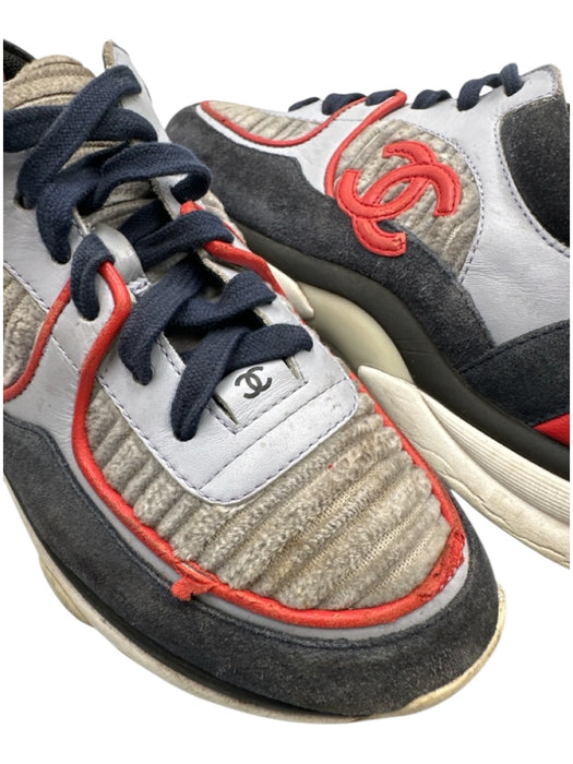 Chanel Shoe Size 36 Navy Blue, Gray & Red textile upper Leather Detail Sneakers Navy Blue, Gray & Red / 36