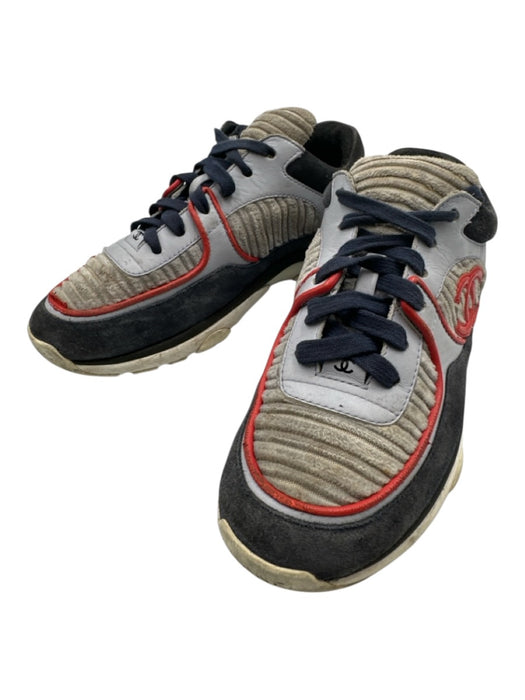 Chanel Shoe Size 36 Navy Blue, Gray & Red textile upper Leather Detail Sneakers Navy Blue, Gray & Red / 36