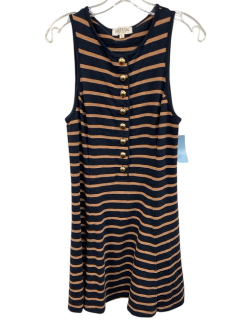 Nation Size S Navy & Brown Cotton Sleeveless Striped Gold Buttons Mini Dress Navy & Brown / S