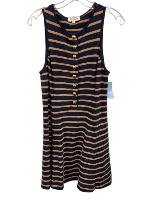 Nation Size S Navy & Brown Cotton Sleeveless Striped Gold Buttons Mini Dress Navy & Brown / S