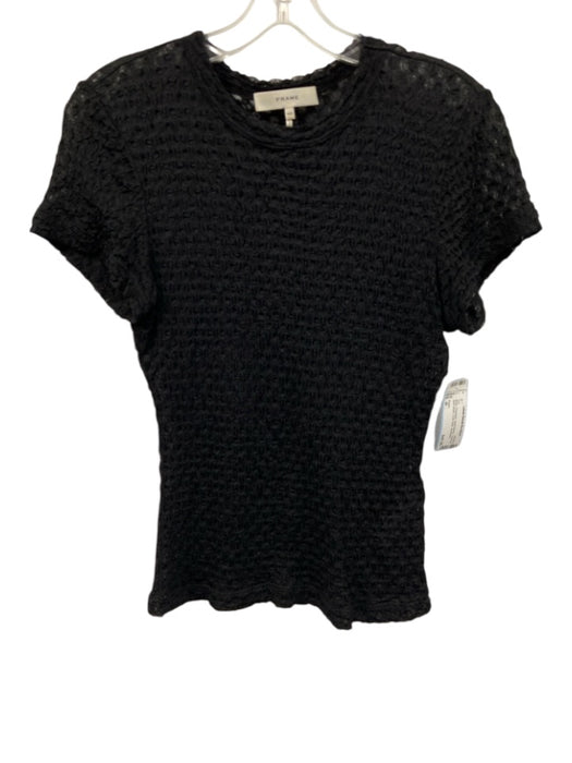 Frame Size M Black Polyamide Short Sleeve Textured Semi Sheer Crew Neck Top Black / M
