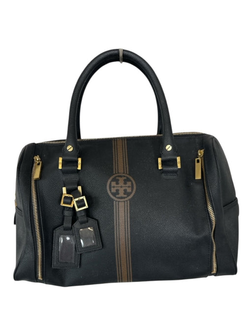 Tory Burch Black & Brown Leather Stripe Metal Gold Hardware Bag Charm Purse Black & Brown / M