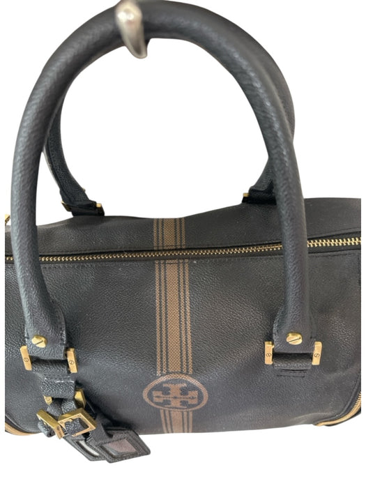 Tory Burch Black & Brown Leather Stripe Metal Gold Hardware Bag Charm Purse Black & Brown / M