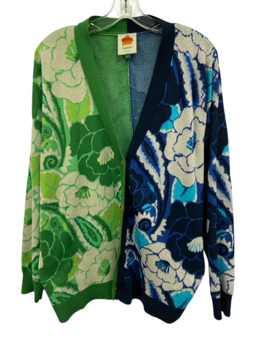Farm Rio Size L Blue & Green Cotton Floral Button Front Color Block Cardigan Blue & Green / L