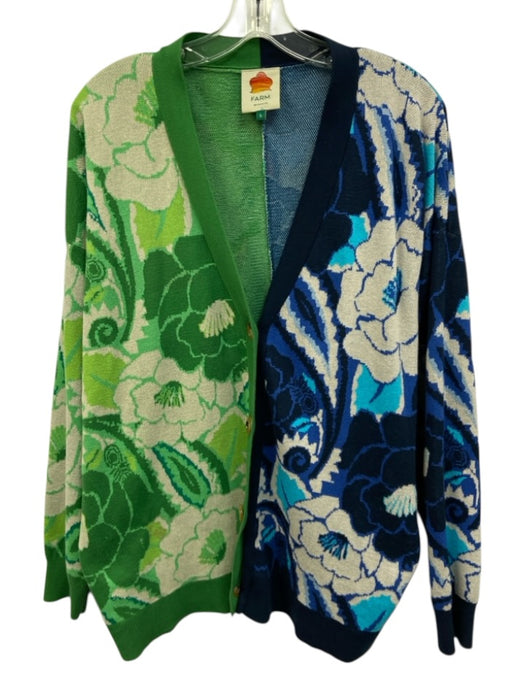 Farm Rio Size L Blue & Green Cotton Floral Button Front Color Block Cardigan Blue & Green / L