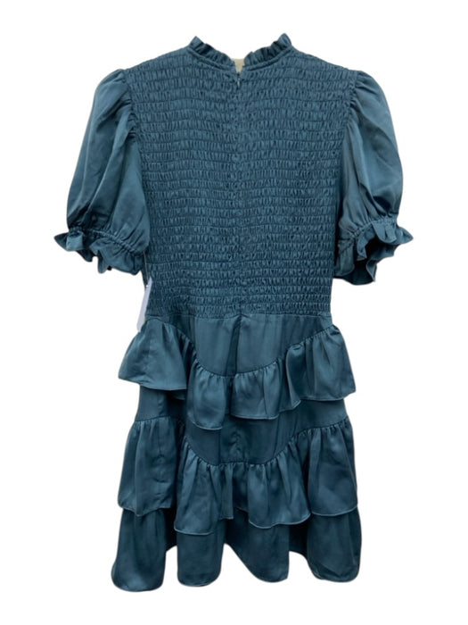 Karlie Size L Slate Blue Polyester Blend Satin Short Puff Sleeve Back Zip Dress Slate Blue / L