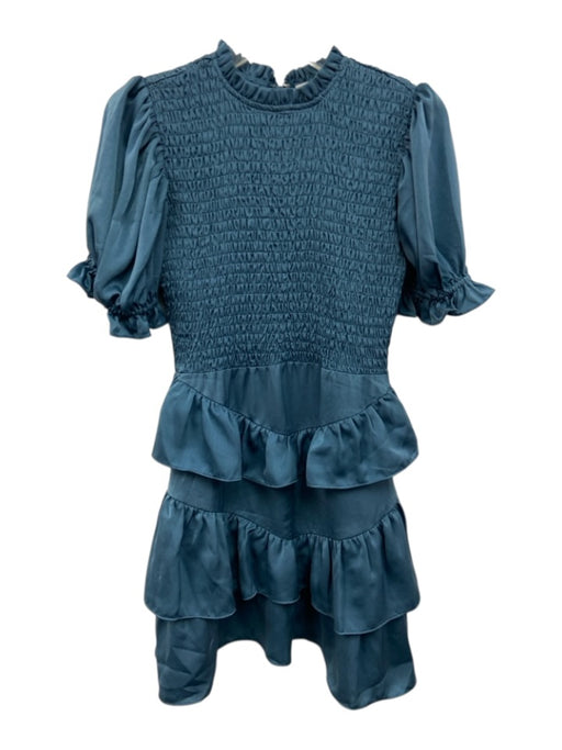 Karlie Size L Slate Blue Polyester Blend Satin Short Puff Sleeve Back Zip Dress Slate Blue / L