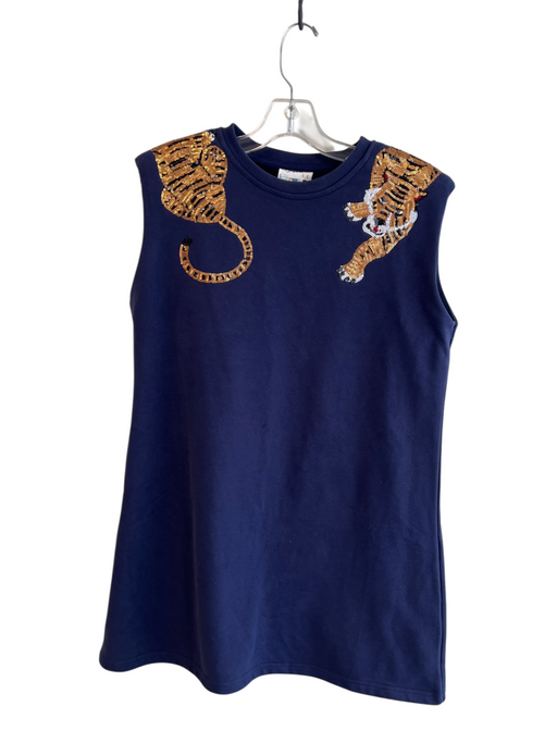 Queen of Sparkles Size Sm & Med Navy Cotton Blend Tiger Sequins Round Neck Dress Navy / Sm & Med