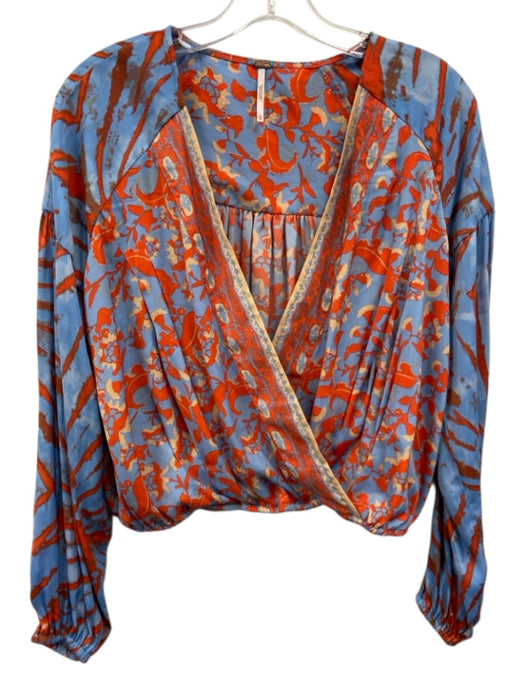 Free People Size XS Blue & Orange Polyester Abstract Floral Tie Dye Detail Top Blue & Orange / XS