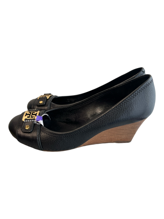 Tory Burch Shoe Size 8 Black Leather Gold hardware Wedge Round Toe Shoes Black / 8