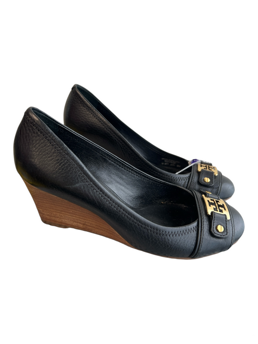 Tory Burch Shoe Size 8 Black Leather Gold hardware Wedge Round Toe Shoes Black / 8