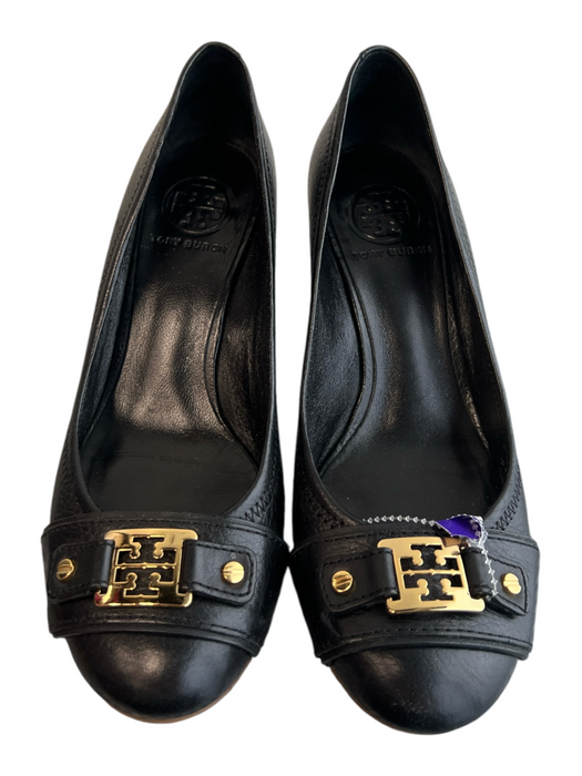 Tory Burch Shoe Size 8 Black Leather Gold hardware Wedge Round Toe Shoes Black / 8