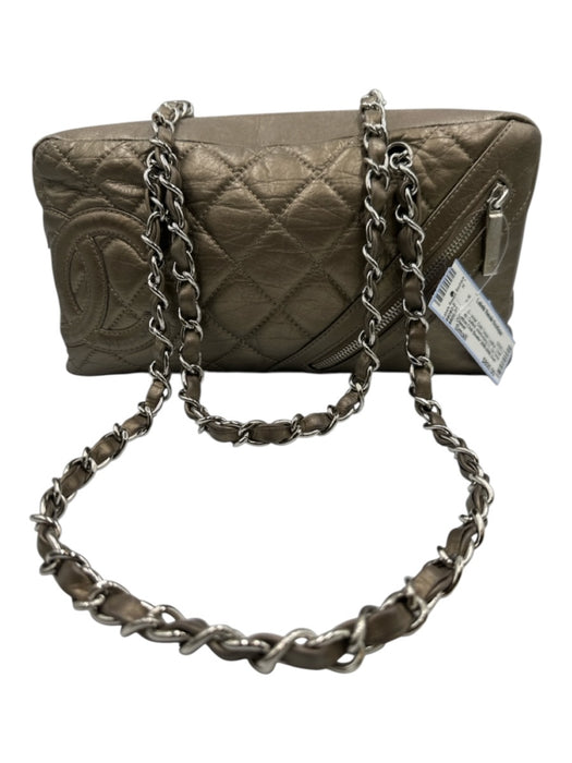 Chanel Gold Taupe Leather Chain Strap Quilted Interlocking CC Zip Close Bag Gold Taupe / Small