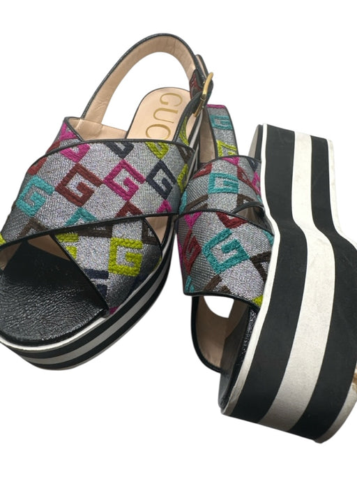 Gucci Shoe Size 38.5 Black & Multi Patent Canvas Platform Logo Sandals Black & Multi / 38.5