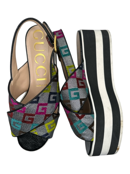 Gucci Shoe Size 38.5 Black & Multi Patent Canvas Platform Logo Sandals Black & Multi / 38.5