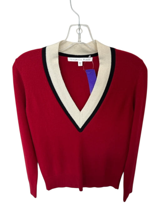 Veronica Beard Size XS red & cream Cashmere Long Sleeve V Neck Knit Sweater red & cream / XS