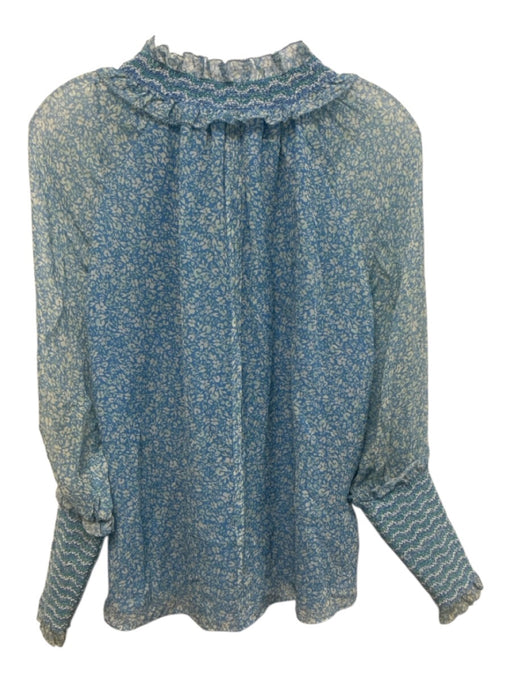 Jonathan Simkhai Size S Blue, White, Green Silk Long Sleeve Floral Print Top Blue, White, Green / S