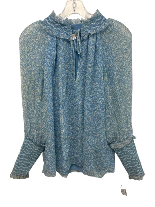 Jonathan Simkhai Size S Blue, White, Green Silk Long Sleeve Floral Print Top Blue, White, Green / S