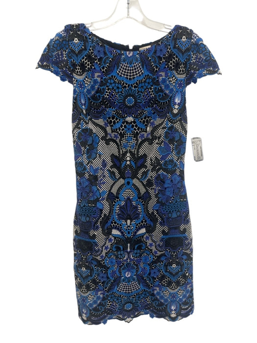 Alice + Olivia Size 6 Blue, Black, White Polyester Cap Sleeve Crochet Lace Dress Blue, Black, White / 6