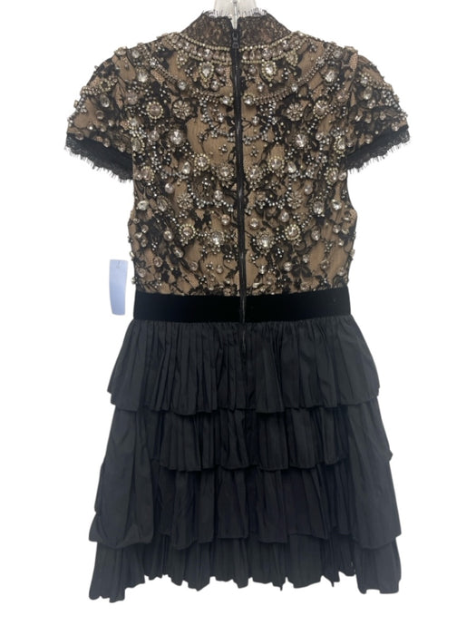Alice + Olivia Size 4 Black & Beige Nylon Cap Sleeve Bedazzled Mock Neck Dress Black & Beige / 4