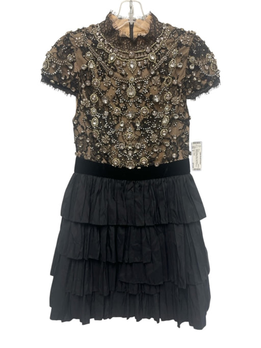 Alice + Olivia Size 4 Black & Beige Nylon Cap Sleeve Bedazzled Mock Neck Dress Black & Beige / 4