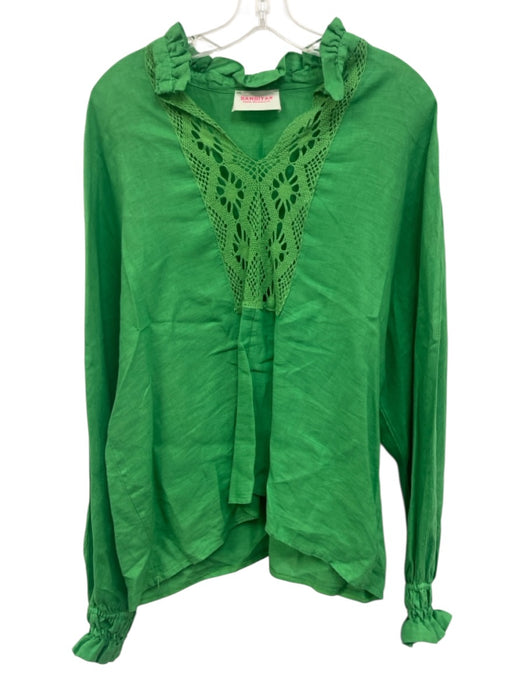 Banditas Size M Green Linen V Neck Lace Detail Long Sleeve Top Green / M