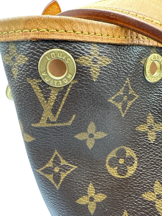 Louis Vuitton Brown & Tan Coated Canvas Monogram Leather Trim Bucket Bag Brown & Tan / M