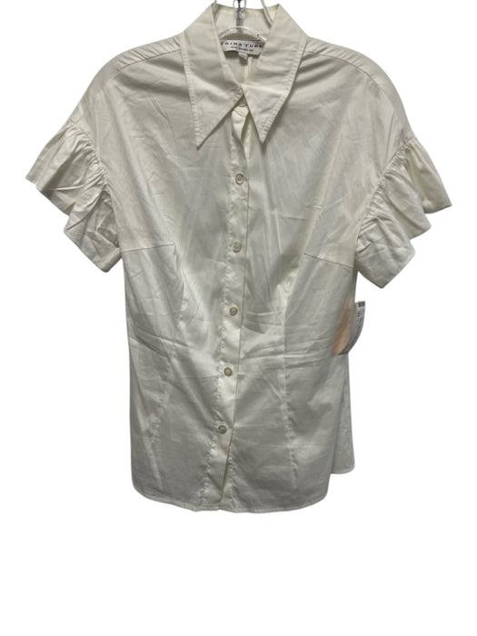 Trina Turk Size L White Cotton Blend Short Sleeve flounce Button Up Collar Top White / L