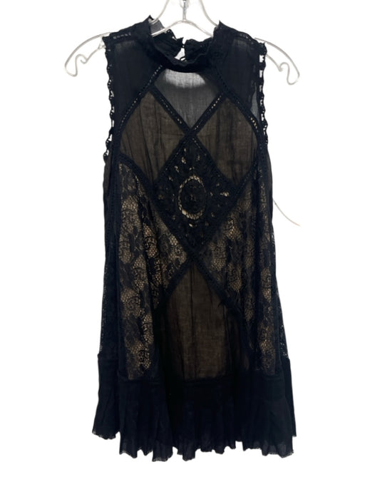 Free People Size S Black Cotton Sleeveless Sheer Overlay Cut Outs Dress Black / S