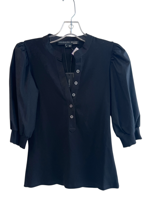Veronica Beard Jeans Size XS Black Pima Cotton Half Puff Sleeve Half Button Top Black / XS