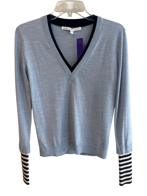 Veronica Beard Size Small Blue Merino Wool Long Sleeve V Neck Striped Detail Top Blue / Small