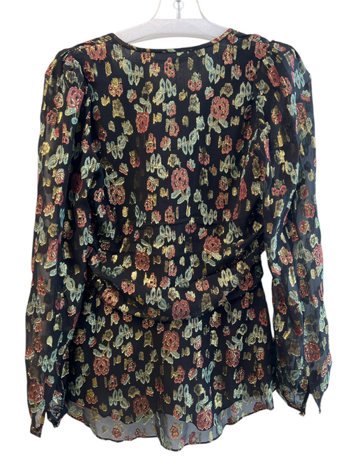 Veronica Beard Size 6 Black, Green & Gold Silk & Polyester Metallic V Neck Top Black, Green & Gold / 6