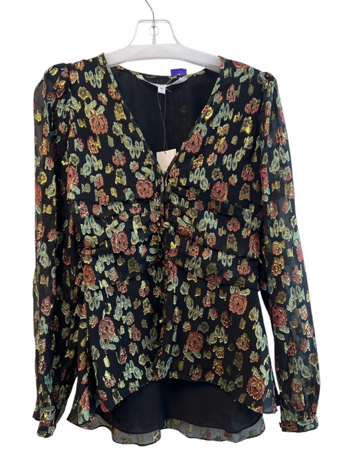 Veronica Beard Size 6 Black, Green & Gold Silk & Polyester Metallic V Neck Top Black, Green & Gold / 6
