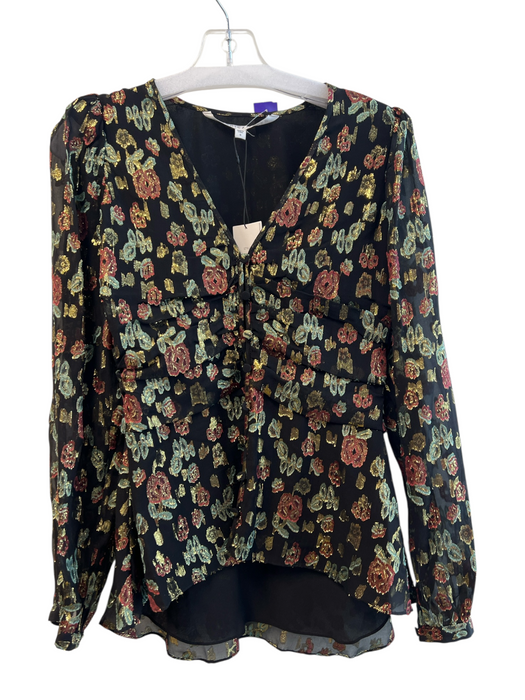 Veronica Beard Size 6 Black, Green & Gold Silk & Polyester Metallic V Neck Top Black, Green & Gold / 6