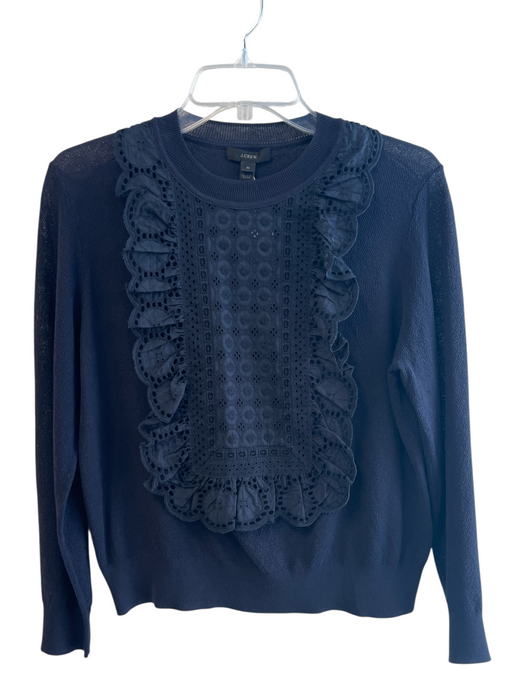 J Crew Size Medium Navy & Black Cotton Crew Neck Long Sleeve Ruffle Detail Top Navy & Black / Medium