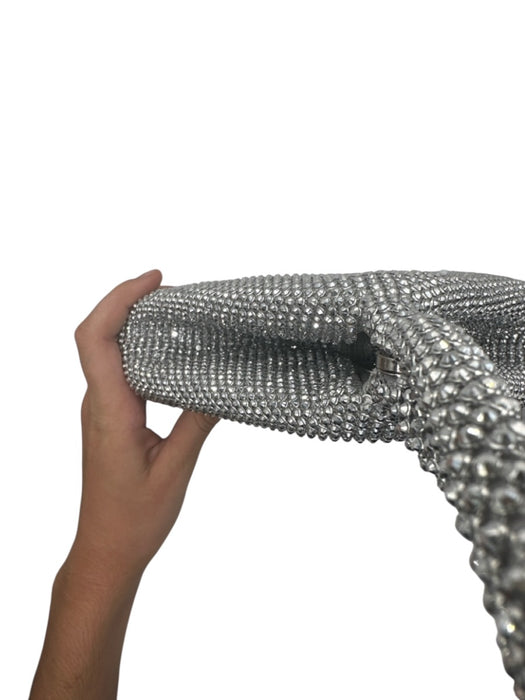 Jessica McClintock Silver Rhinestone Foldable Handle Zipper Purse Silver