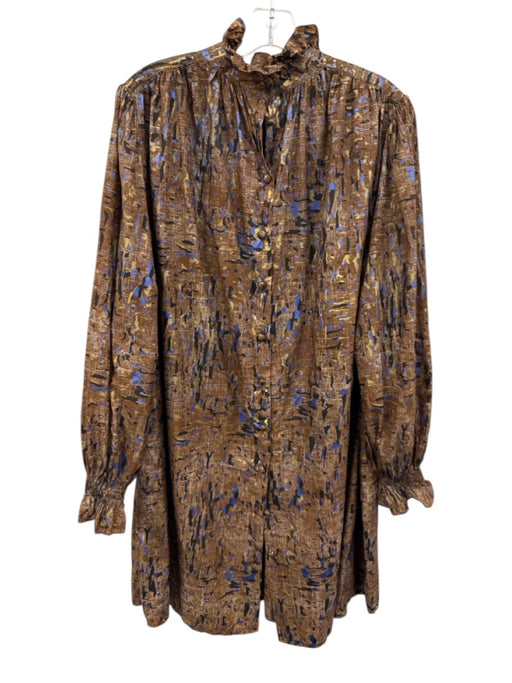 Hunter Bell Size Medium Brown, Blue, Gold Polyamide Long Sleeve Ruffle Dress Brown, Blue, Gold / Medium